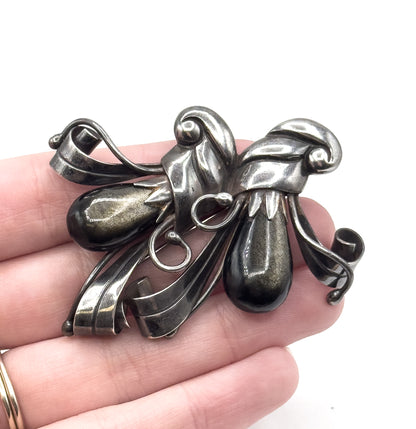 Mid Century Retro Era Mexican Brooch with Golden Sheen Obsidian