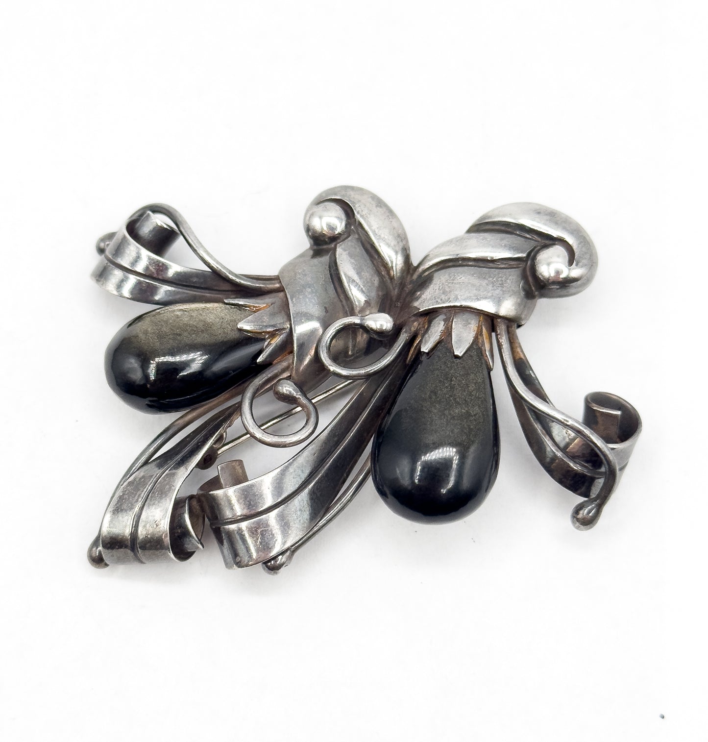 Mid Century Retro Era Mexican Brooch with Golden Sheen Obsidian