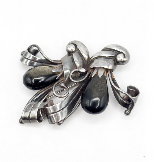 Mid Century Retro Era Mexican Brooch with Golden Sheen Obsidian