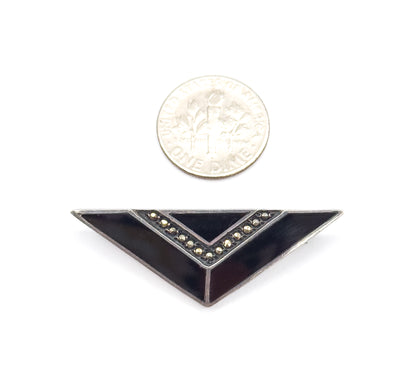 Art Deco Black Onyx & Marcasite Triangle Brooch in Sterling Silver