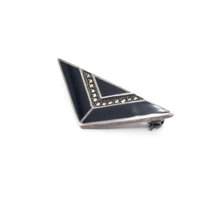 Art Deco Black Onyx & Marcasite Triangle Brooch in Sterling Silver