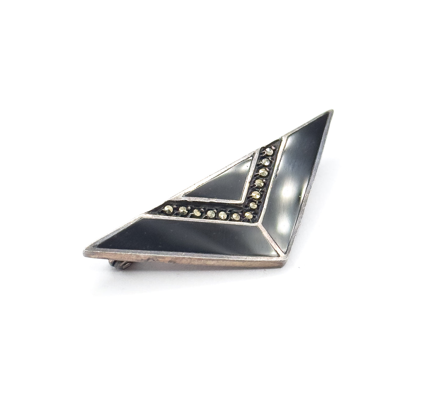 Art Deco Black Onyx & Marcasite Triangle Brooch in Sterling Silver