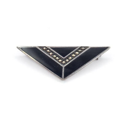 Art Deco Black Onyx & Marcasite Triangle Brooch in Sterling Silver