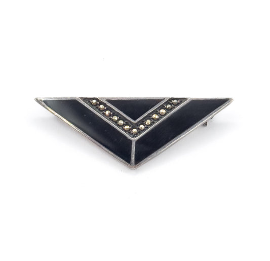 Art Deco Black Onyx & Marcasite Triangle Brooch in Sterling Silver