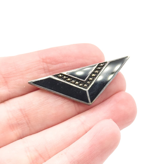 Art Deco Black Onyx & Marcasite Triangle Brooch in Sterling Silver