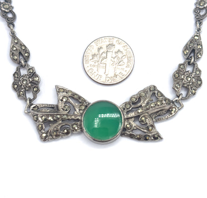 Art Deco Green Onyx & Marcasite Bow Necklace in Silver