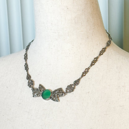 Art Deco Green Onyx & Marcasite Bow Necklace in Silver