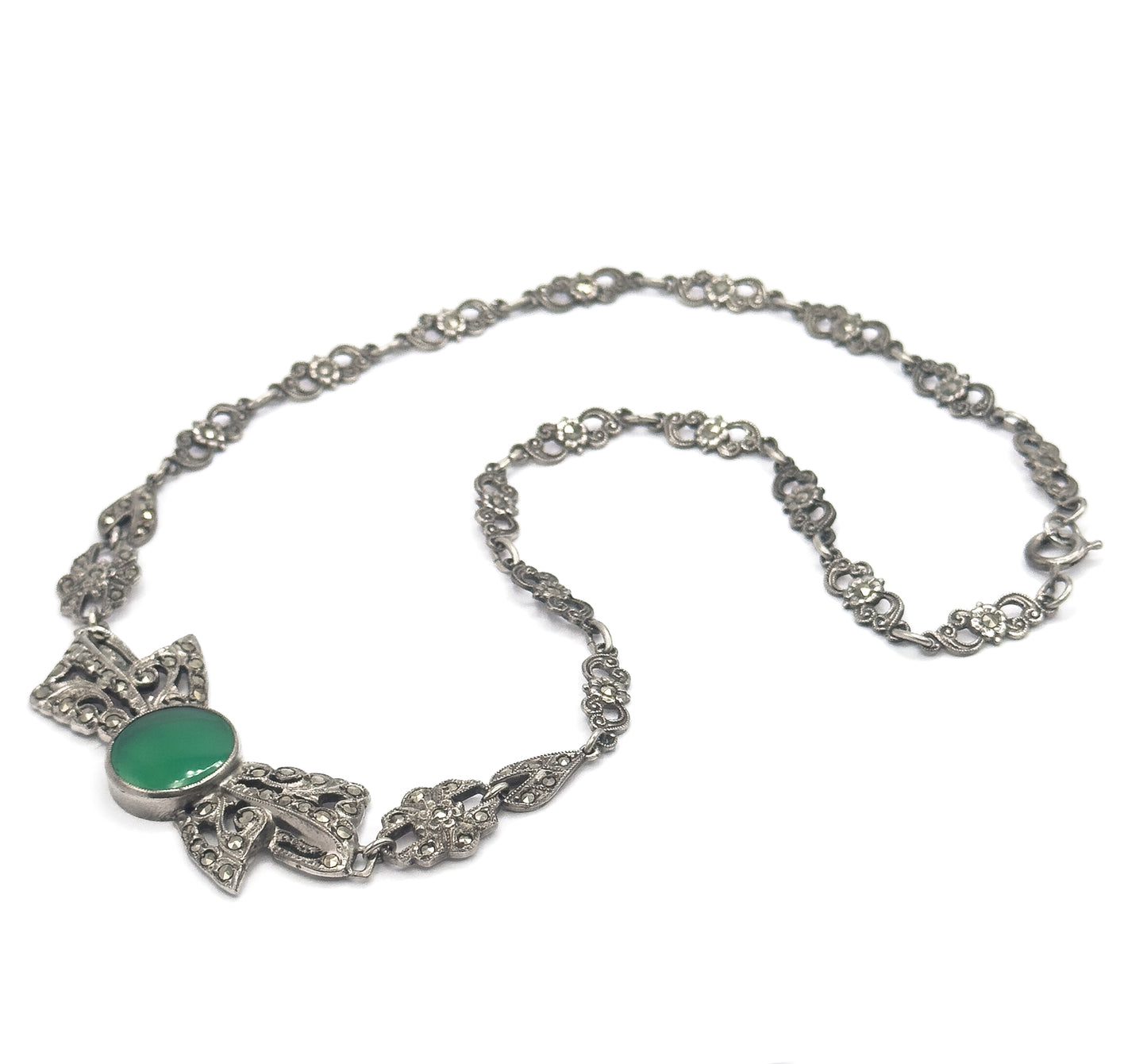 Art Deco Green Onyx & Marcasite Bow Necklace in Silver