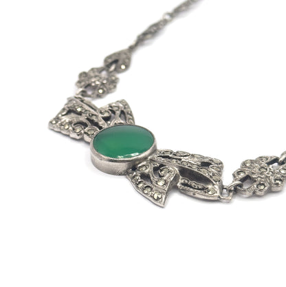 Art Deco Green Onyx & Marcasite Bow Necklace in Silver