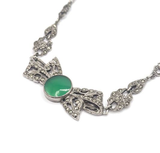 Art Deco Green Onyx & Marcasite Bow Necklace in Silver