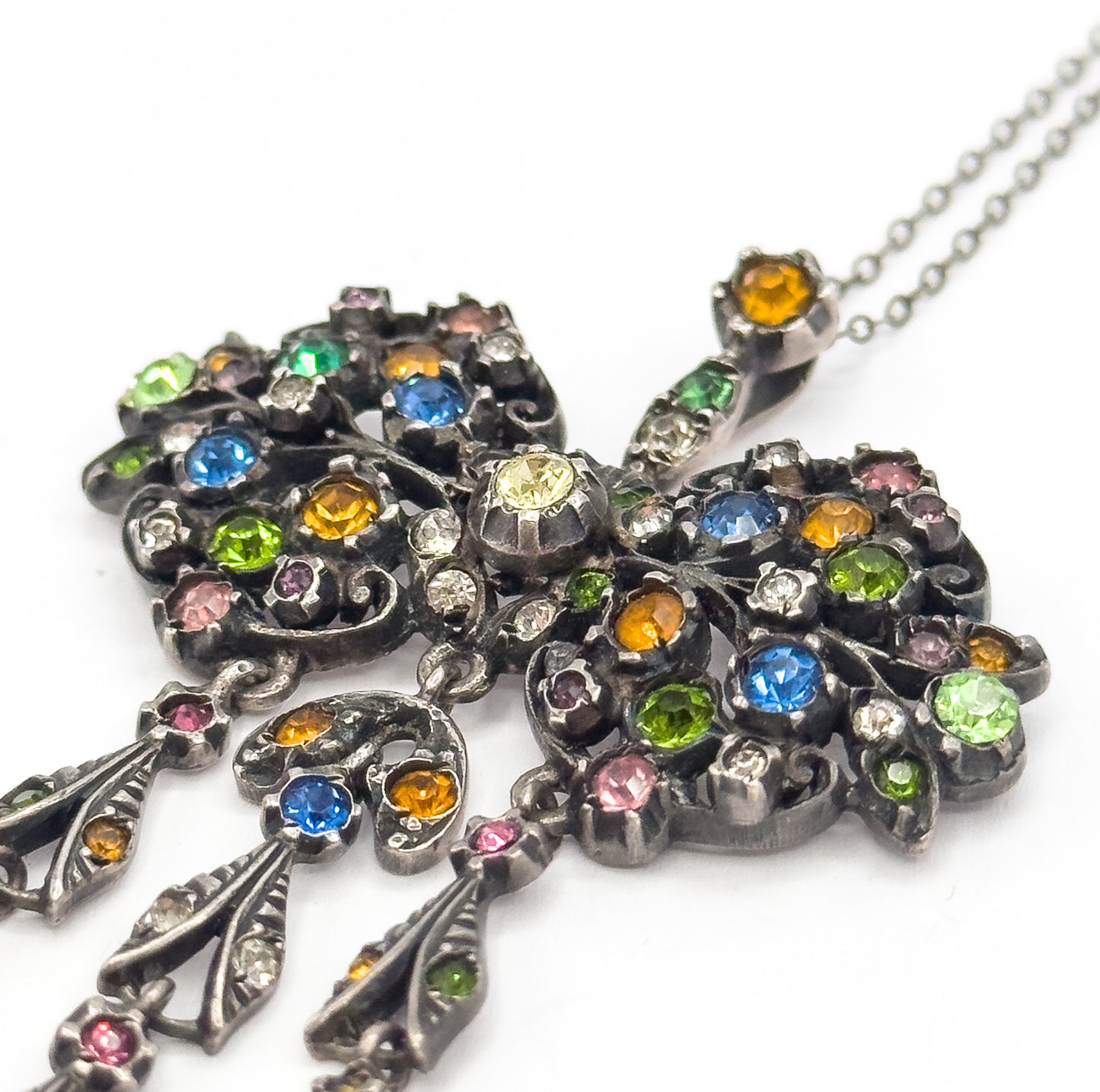 Antique Harlequin Paste Bow Drop Necklace in Sterling Silver