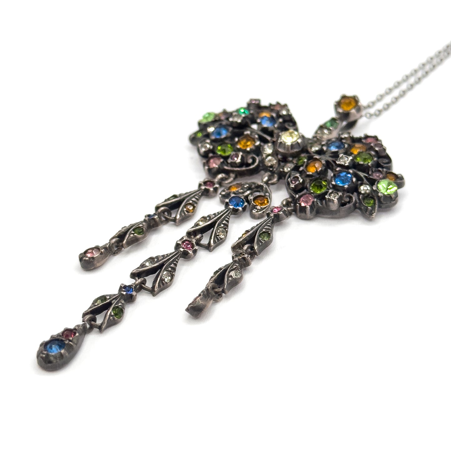 Antique Harlequin Paste Bow Drop Necklace in Sterling Silver