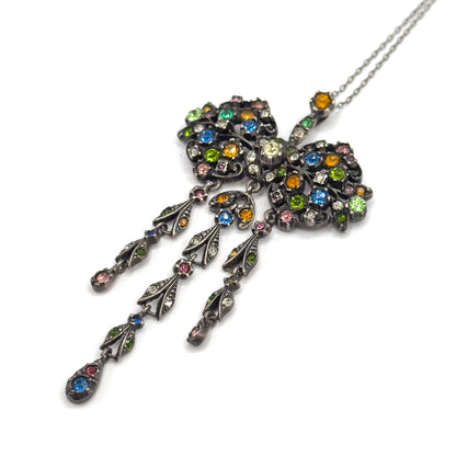 Antique Harlequin Paste Bow Drop Necklace in Sterling Silver