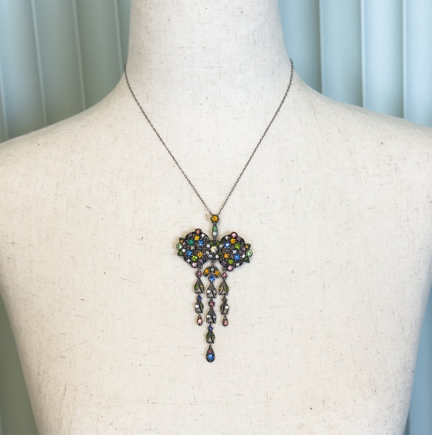 Antique Harlequin Paste Bow Drop Necklace in Sterling Silver
