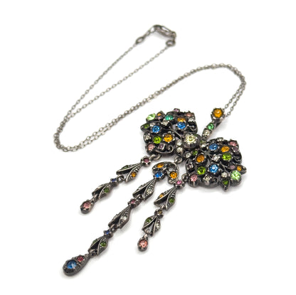 Antique Harlequin Paste Bow Drop Necklace in Sterling Silver