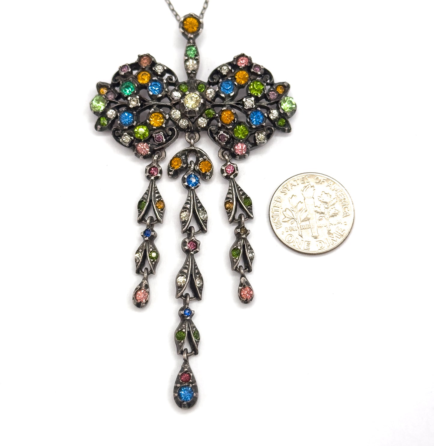 Antique Harlequin Paste Bow Drop Necklace in Sterling Silver