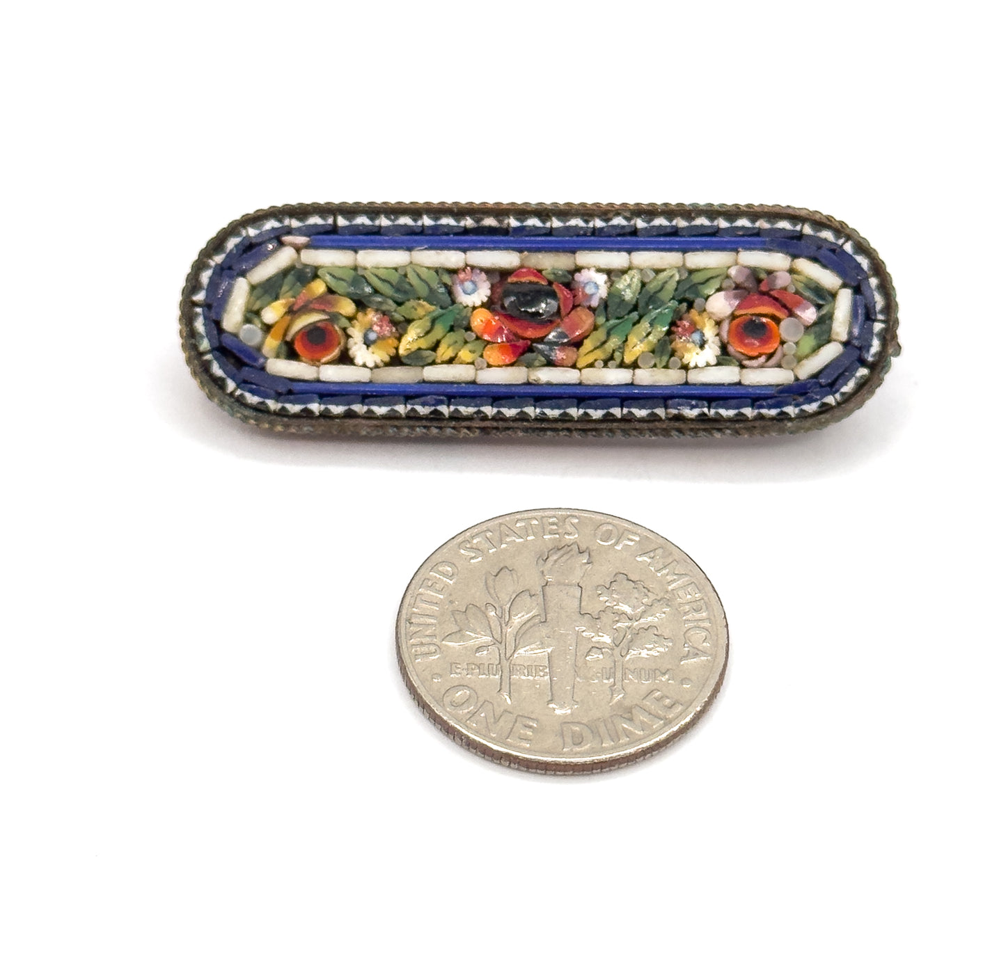 Antique Italian Micro Mosaic Brooch in Gold Tone Metal