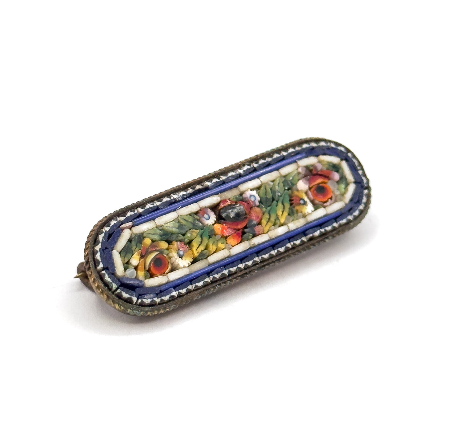 Antique Italian Micro Mosaic Brooch in Gold Tone Metal