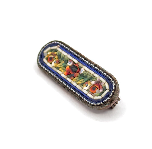 Antique Italian Micro Mosaic Brooch in Gold Tone Metal