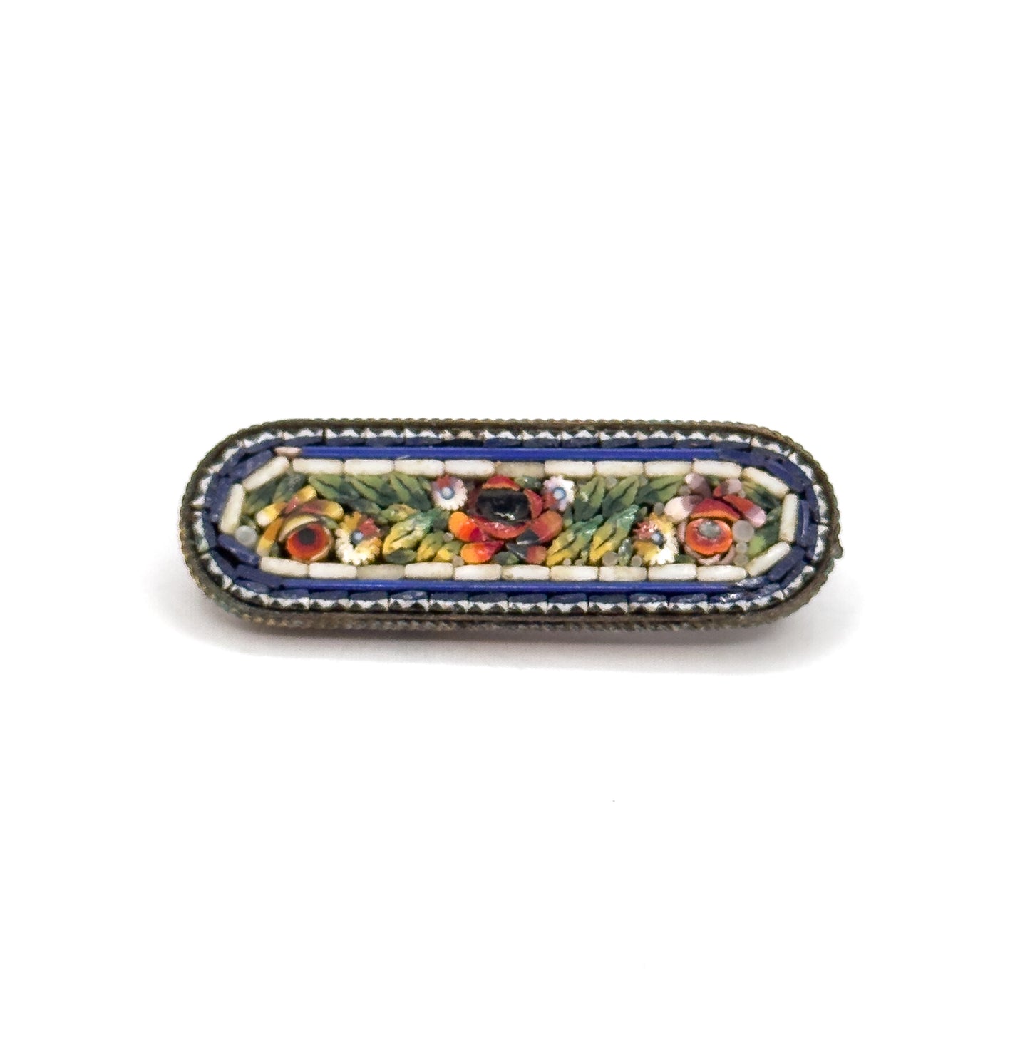 Antique Italian Micro Mosaic Brooch in Gold Tone Metal