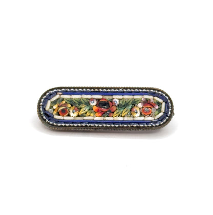 Antique Italian Micro Mosaic Brooch in Gold Tone Metal