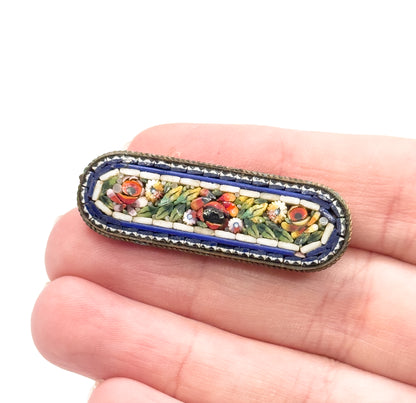 Antique Italian Micro Mosaic Brooch in Gold Tone Metal