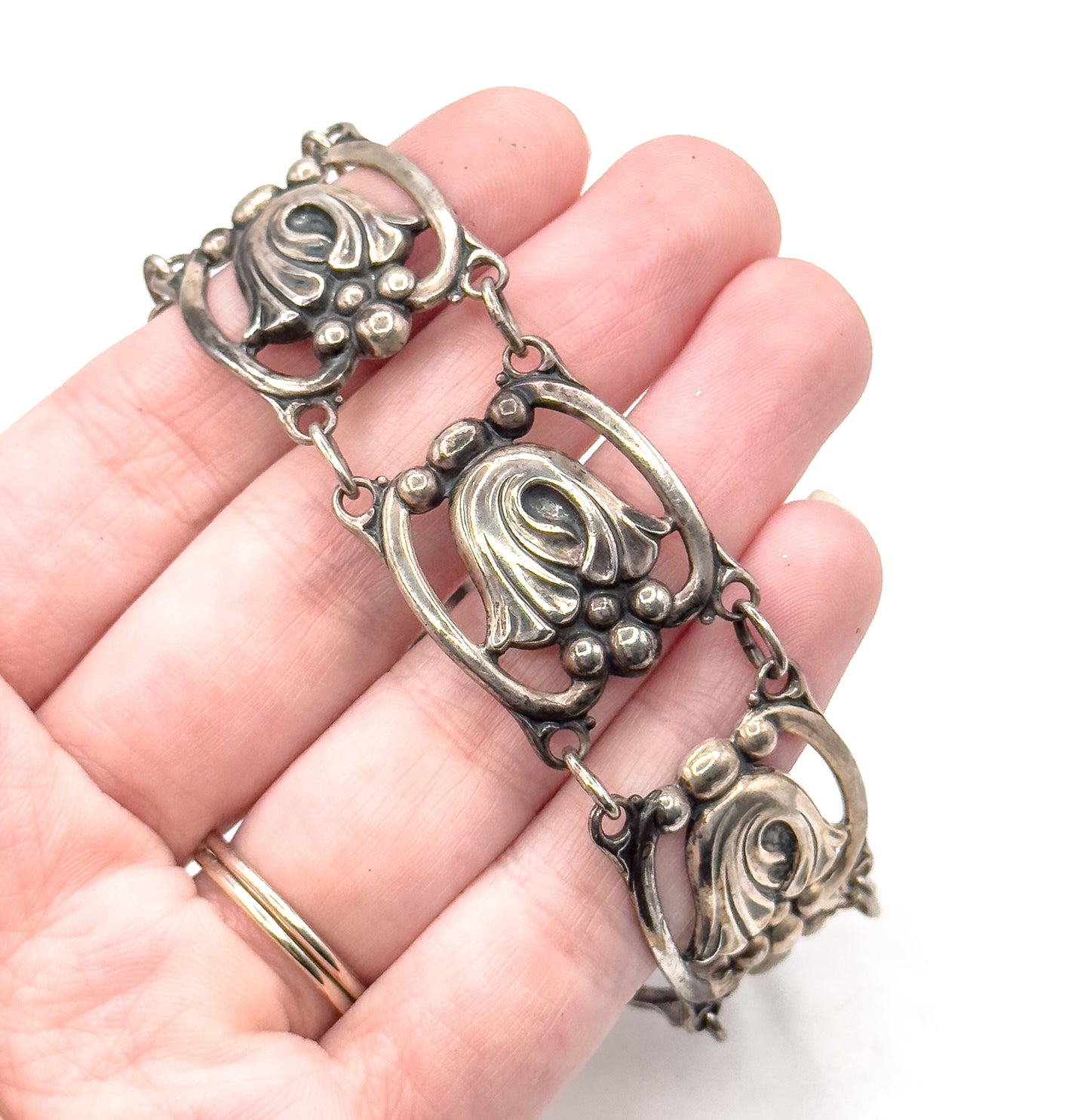Mid-Century Danecraft FLoral panel Bracelet in Sterling Silver