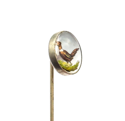 Vintage Reverse Painted Pheasant Stickpin in Base Metal