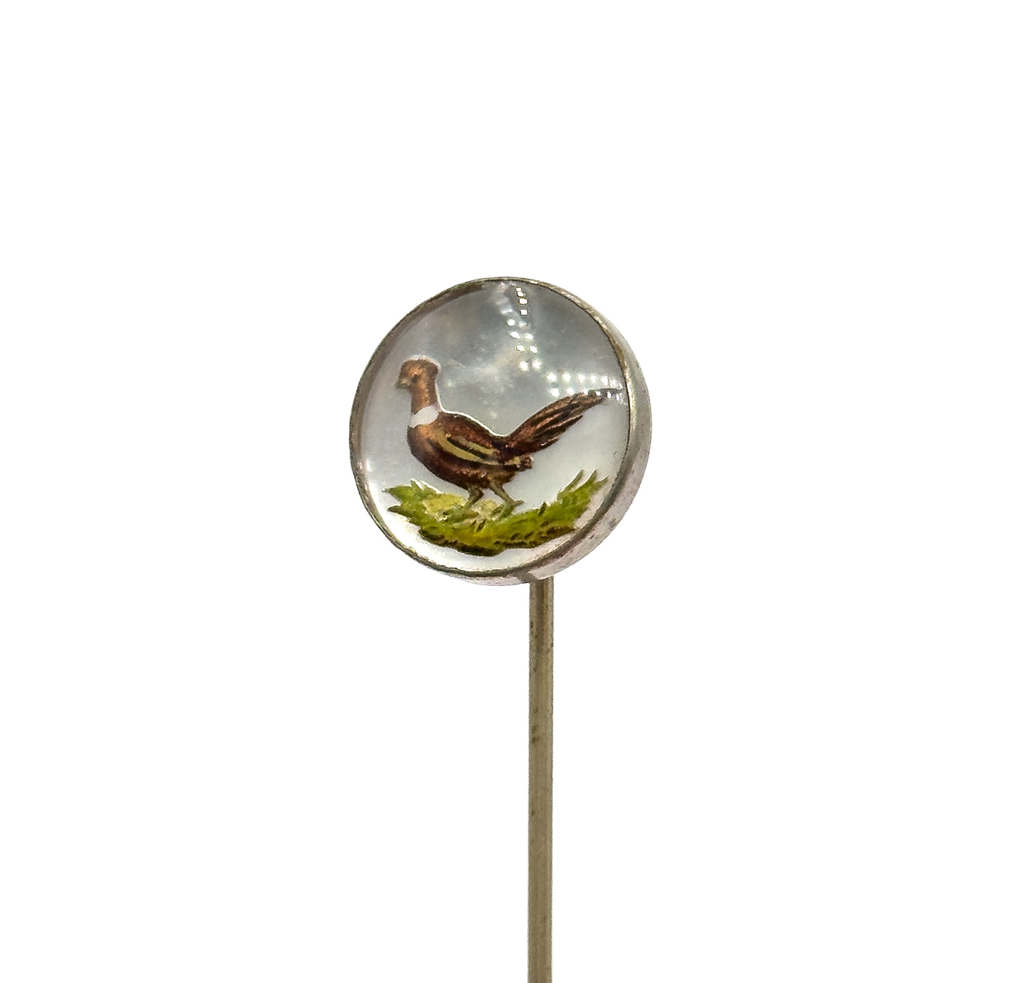 Vintage Reverse Painted Pheasant Stickpin in Base Metal