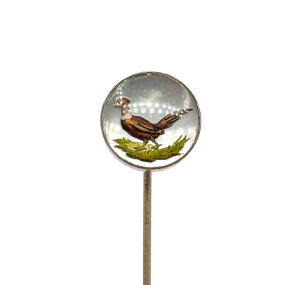 Vintage Reverse Painted Pheasant Stickpin in Base Metal