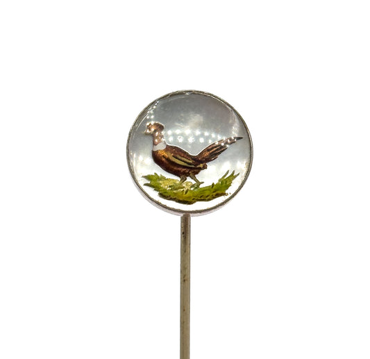 Vintage Reverse Painted Pheasant Stickpin in Base Metal