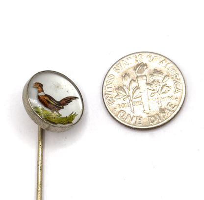 Vintage Reverse Painted Pheasant Stickpin in Base Metal