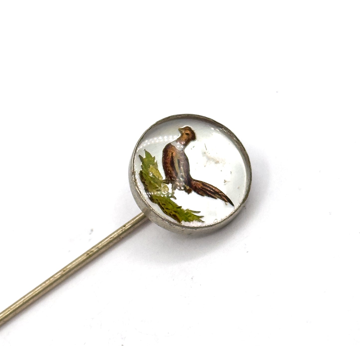 Vintage Reverse Painted Pheasant Stickpin in Base Metal
