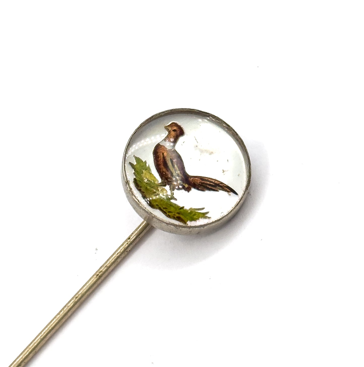 Vintage Reverse Painted Pheasant Stickpin in Base Metal