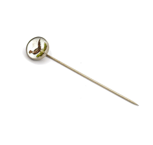 Vintage Reverse Painted Pheasant Stickpin in Base Metal