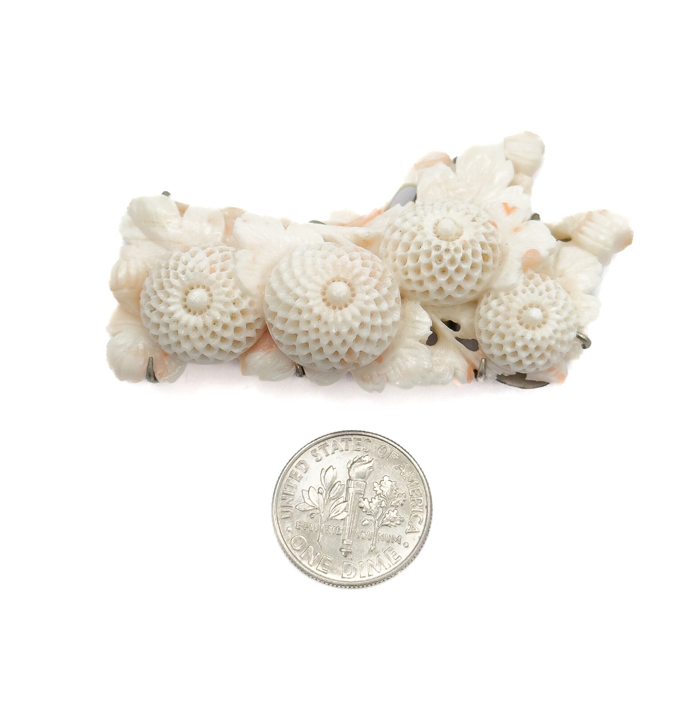 Art Deco Hand Carved Coral Chrysanthemum Obijime Obidome Ornament