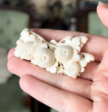 Art Deco Hand Carved Coral Chrysanthemum Obijime Obidome Ornament