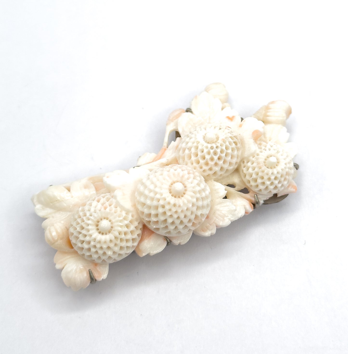 Art Deco Hand Carved Coral Chrysanthemum Obijime Obidome Ornament