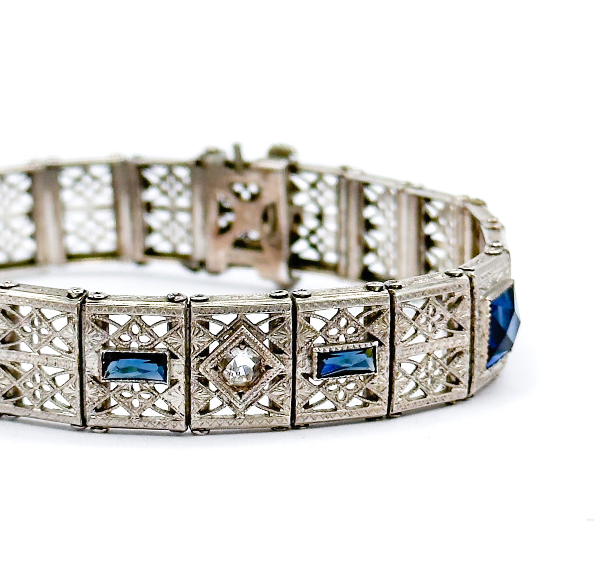 Art Deco Blue Paste Filigree Bracelet in Sterling Silver — view 6 of 11