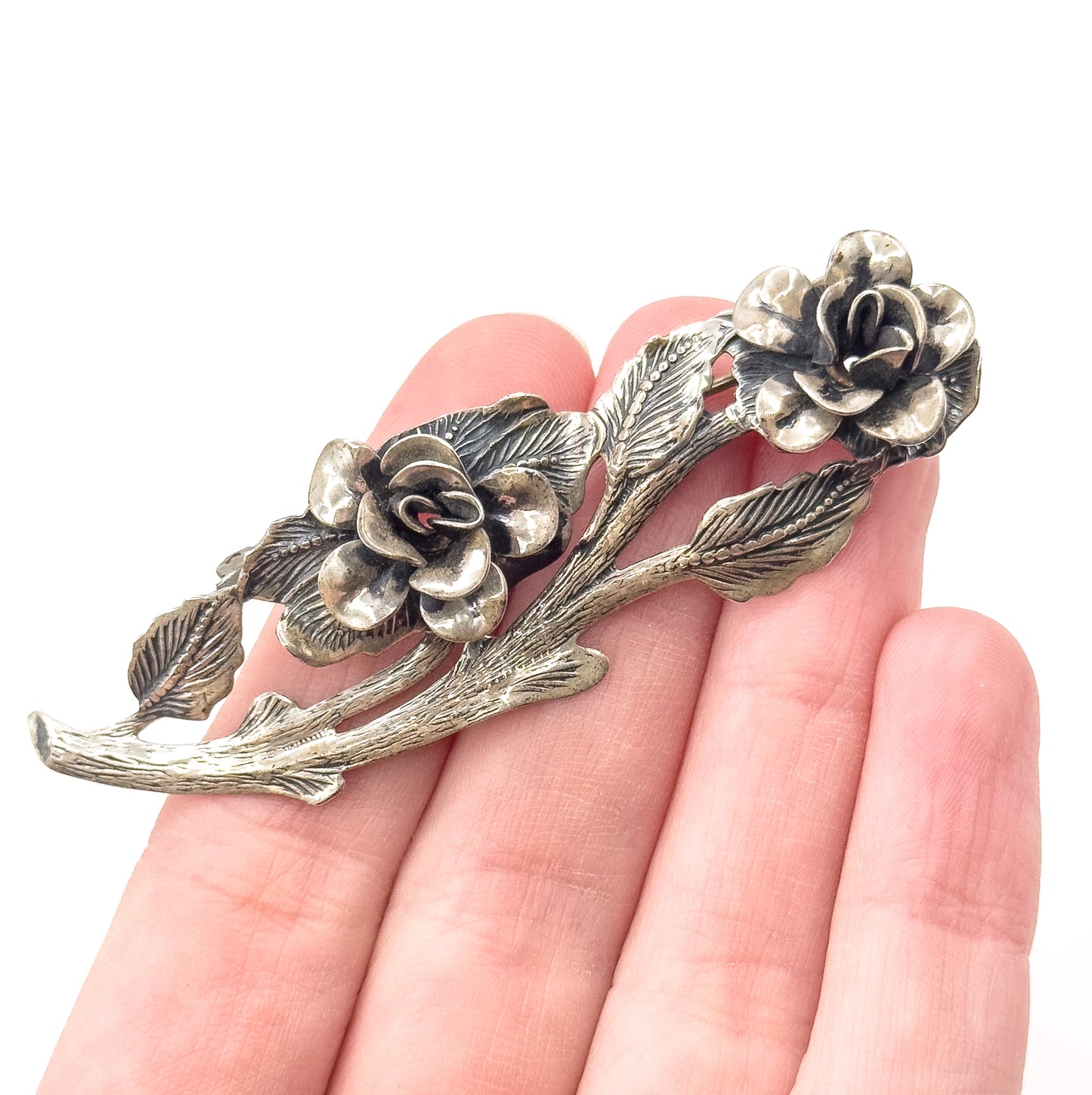 Vintage JewelArt Brand Roses on Branch Pin in Silver