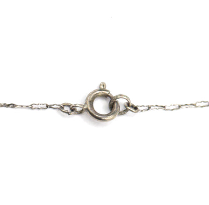 Close-up of the chain's round spring ring clasp with its small jump rings, the fine twisted links running out to each side against a white background.