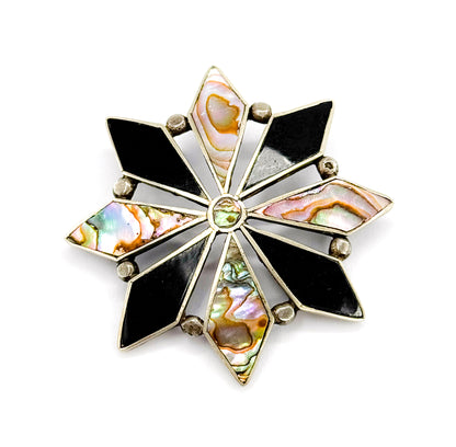 Straight-on overhead view of the whole face on white, the eight onyx and abalone points evenly spaced around the small round centre bezel so the full starburst symmetry reads clearly.