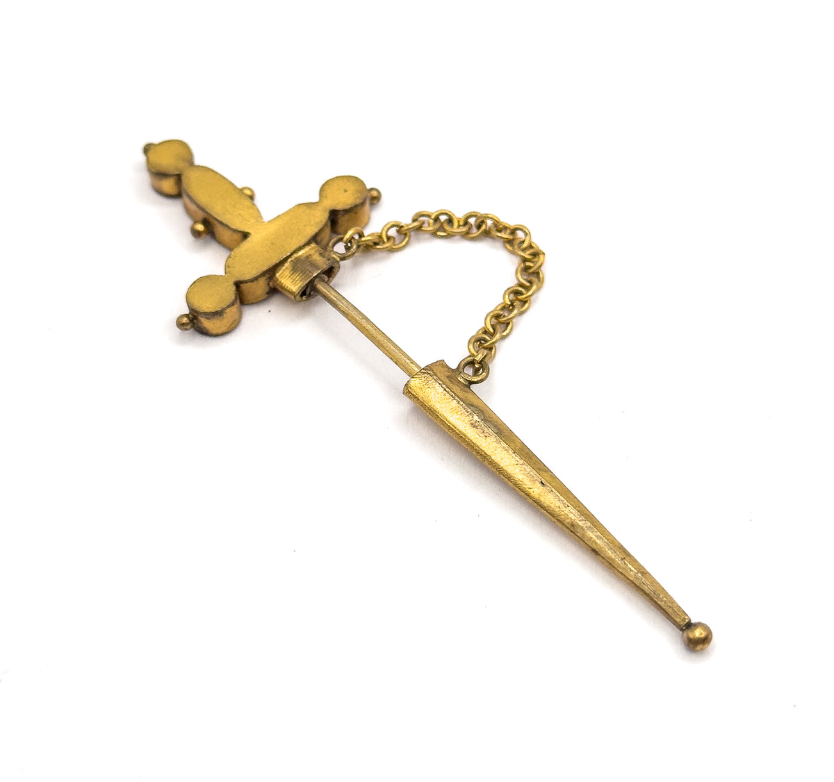 Reverse view on white, showing the plain back of the hilt, the long pin stem running through the sheath's collar, and the chain looping behind.