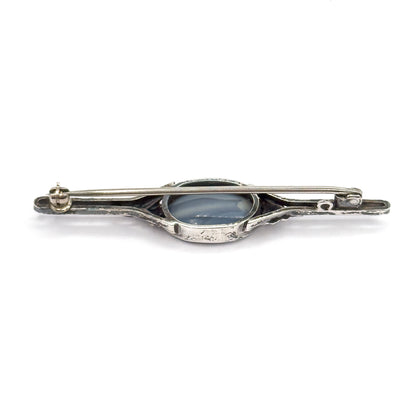 The reverse of the brooch, showing the closed pin stem running the length of the bar, the hinge and catch at each end, and the enclosed back of the oval stone's bezel.
