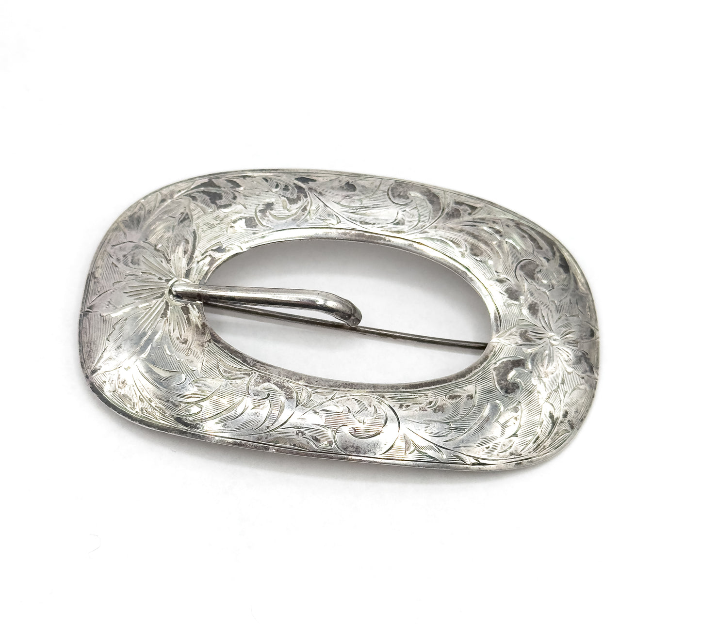Vintage Etched Belt Buckle Brooch in Sterling Silver