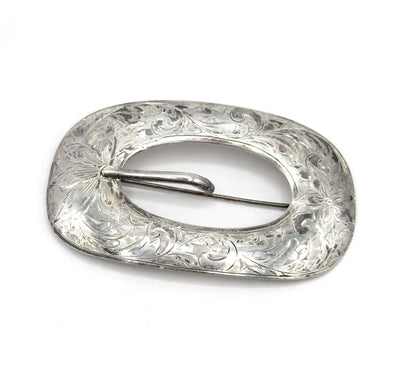 Vintage Etched Belt Buckle Brooch in Sterling Silver
