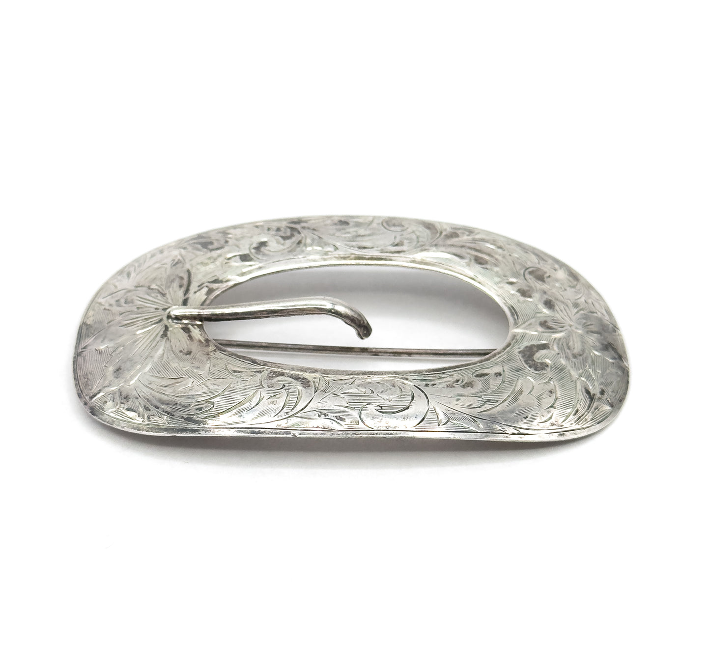 Vintage Etched Belt Buckle Brooch in Sterling Silver