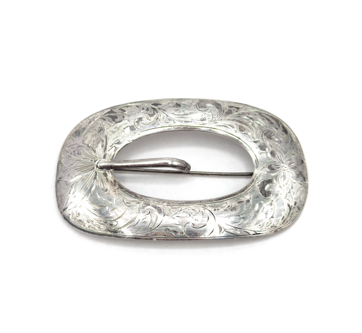 Vintage Etched Belt Buckle Brooch in Sterling Silver