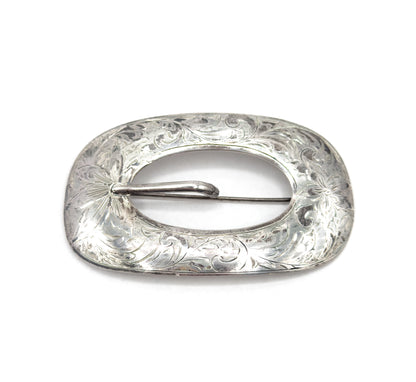 Vintage Etched Belt Buckle Brooch in Sterling Silver