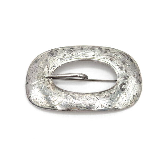 Vintage Etched Belt Buckle Brooch in Sterling Silver